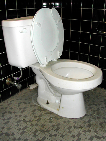 Stylish bathroom with toilet bowl and green plants near yellow brick wall. Interior design