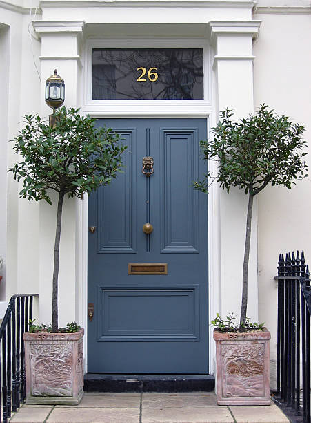 Blue front door Blue front door with planters (London) blue mailbox stock pictures, royalty-free photos & images