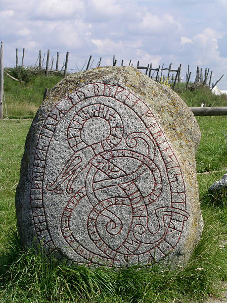Sentinel Guard A large Viking rune stone engraved with a decorative snake stands watch just outside Foteviken Viking village. runes stock pictures, royalty-free photos & images