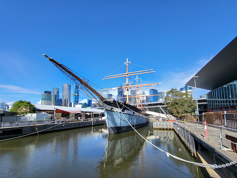 Melbourne, Australia: September 21, 2023: The Polly Woodside is a Belfast built three-masted, iron-hulled barque, preserved in Melbourne and forming the central feature of the South Wharf precinct.