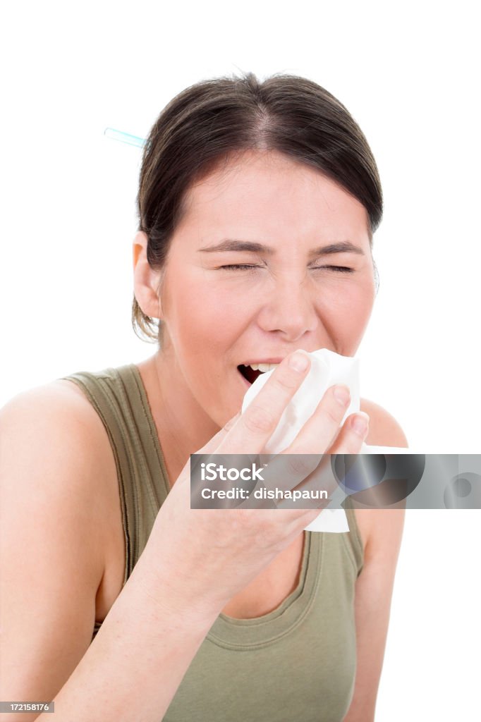 Joven rubia Chica estornudos en el pañuelo - Foto de stock de Adulto libre de derechos