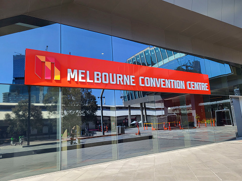 Melbourne, Australia: September 28, 2023: The Melbourne Convention and Exhibition Centre is the name given to two adjacent buildings next to the Yarra River in South Wharf. The venues are owned and operated by the Melbourne Convention and Exhibition Trust.