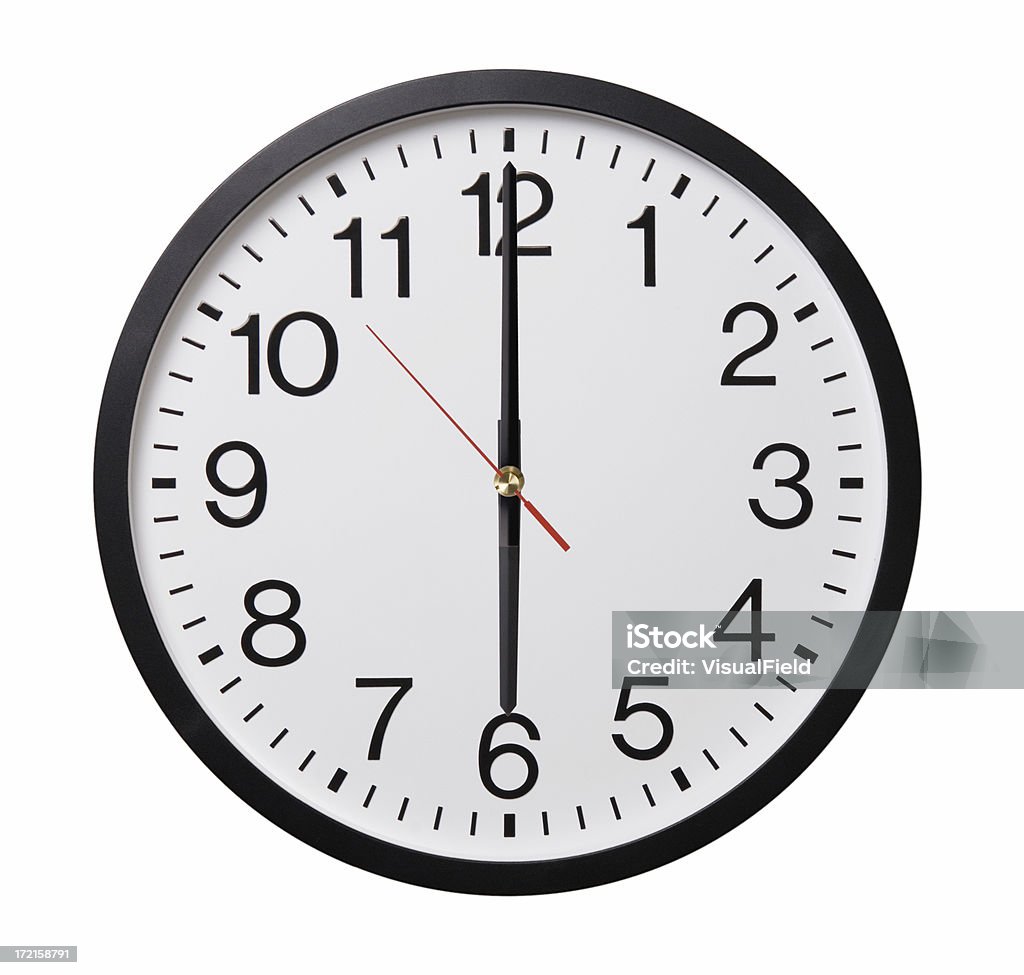 Wall Clock at 6:00 Close-up image of office wall clock set to 6:00 Clock Hand Stock Photo
