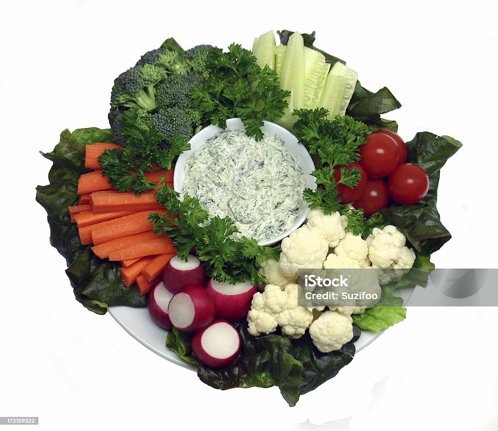 crudite platter Assorted fresh raw vegetables with spinach onion dip.  Appetizer Stock Photo