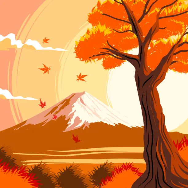 Vector illustration of Mount Fuji in autumn is a breathtaking natural wonder