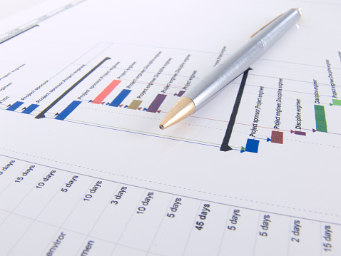 Project plan showing a gantt chart with a pen resting on the printout. Image shows the different coloured bars representing tasks to be done on a timeline and the duration of the tasks.