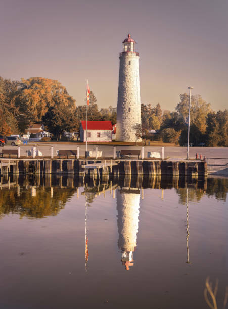 Automatic sea lighthouse reflecting in clear blue water