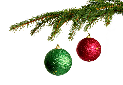 istock Christmas tree branches holding two decorative balls 172163265
