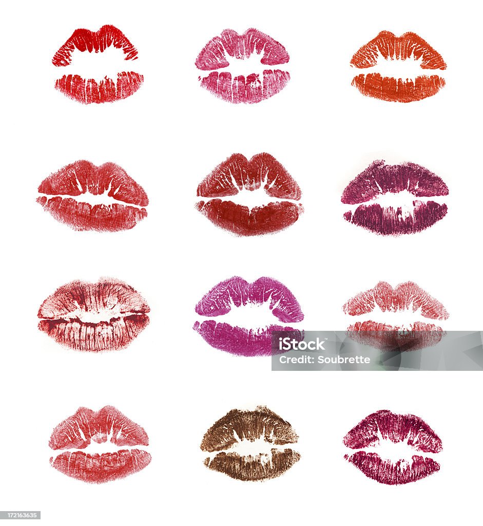 Sealed with a Kiss... One dozen lipstick kisses from extremely lush and luscious lips! (XXL file) Cut Out Stock Photo
