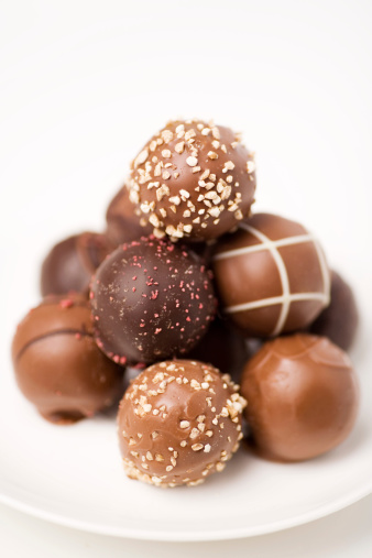 An Assortment of Chocolate Truffles piled on a plate.