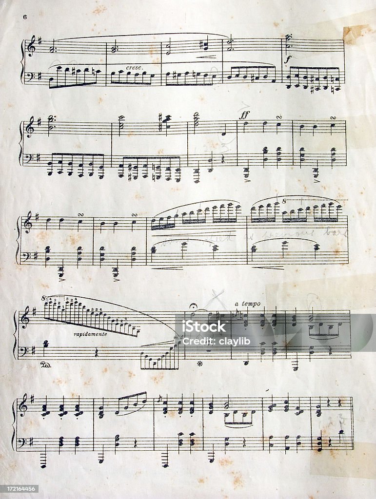 grungy sheet music "complete with sticky tape marks, acid stains and musician's pencil notations in old cursive hand...Please see some similar pictures from my portfolio:" Sheet Music Stock Photo