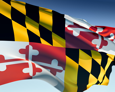 Maryland flag waving in the wind. Elaborate rendering including motion blur and even a fabric texture (visible at 100%).