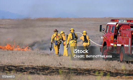 istock Four firefighters going to put out a fire in a dry field 172164813