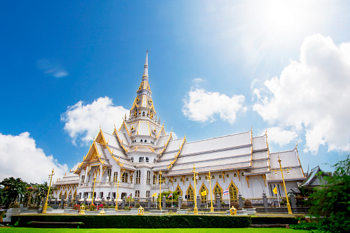 Wat Sothon Wararam Worawihan, Famous Temple in Thailand. Located at Chachoengsao Province.Beautiful white and golden temple at rural Thailand with blue sky.