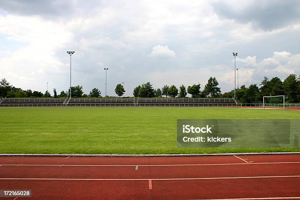 Stadium With Running Track Around Outside Stock Photo - Download Image Now - Grass, Running Track, Soccer Field
