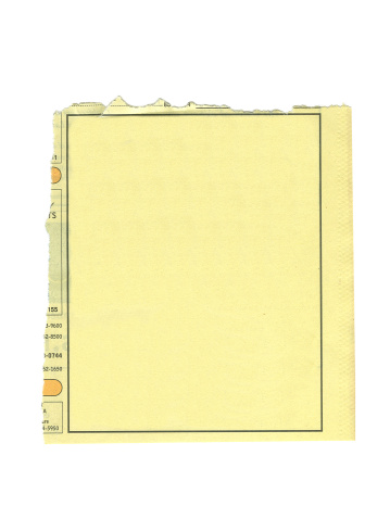 A blank ad torn out of the yellow pages.  You create your own ad.  Ad has torn edges and shows texture of paper.