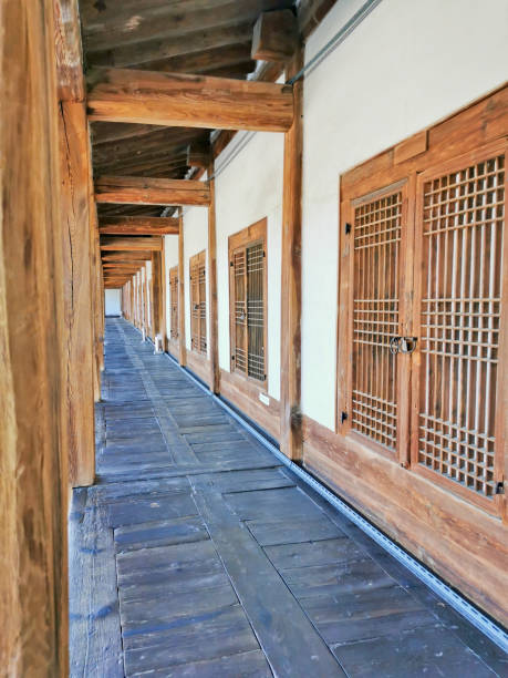 istock Korean Ancient Old Traditional main hall building walkway with wooden construction 1721650887
