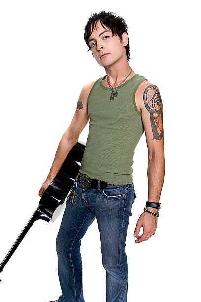 Guitar Player Rock Star with guitar and tattoos on white background. acoustic guitar tattoos stock pictures, royalty-free photos & images