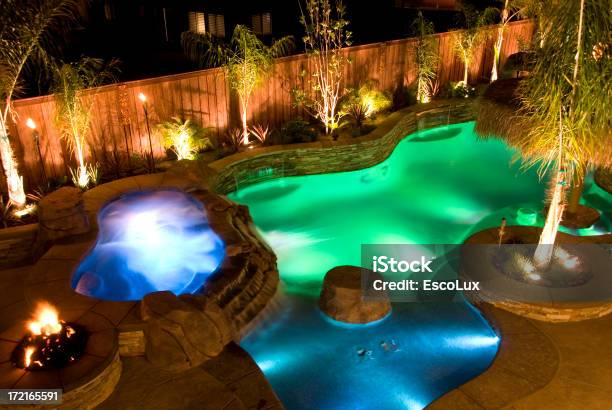 Piscina Por La Noche Foto de stock y más banco de imágenes de Iluminado - Iluminado, Jardín privado, Agua