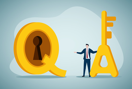 'Q and A' concept vector flat design.Businessman holding 'A' key to unlock question.