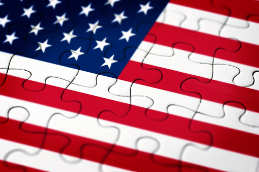 Close-up of United States flag puzzle.
