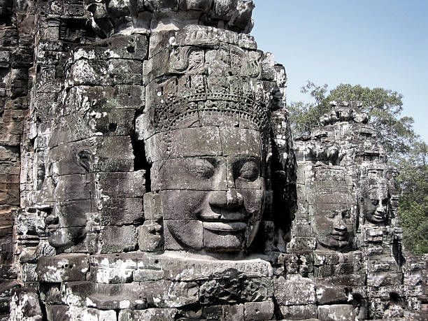 Shot in color detail on the facade of this historic building representing some character, animal or flower. Set at Siem Reap, Angkor Wat , Cambodia, Asia