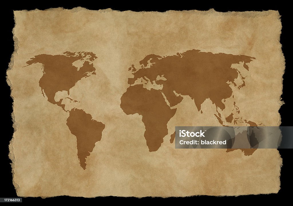 Old World Map "Aged world map on grungy paper with nice torn edges, isolated on black background.Similar images -" Africa Stock Photo