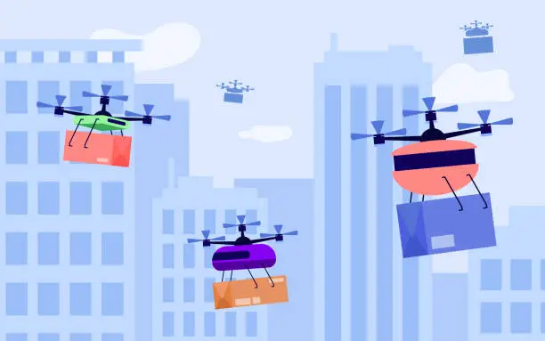 Vector illustration of Delivery around city using drones vector illustration