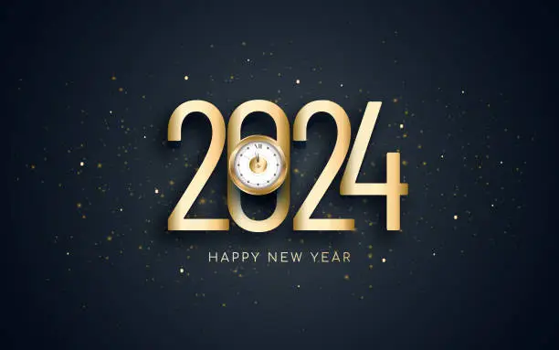 Vector illustration of Happy new year 2024. 3d gold numbers with golden Christmas decoration and confetti on dark background.