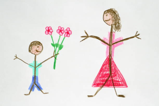 niño a su madre dando flores - dibujo de niño fotografías e imágenes de stock