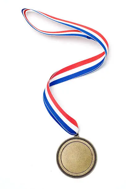A gold medal on a multi-colored ribbon.