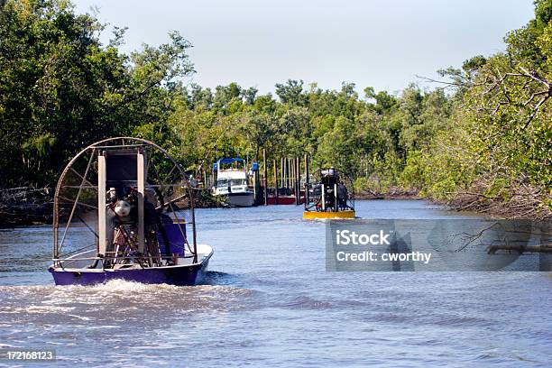 Airboats Na Rzekę - zdjęcia stockowe i więcej obrazów Park Narodowy Everglades - Park Narodowy Everglades, Transport morski, Łódź napędzana smigłem