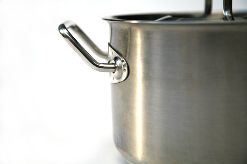 closeup of stainless steel stockpot