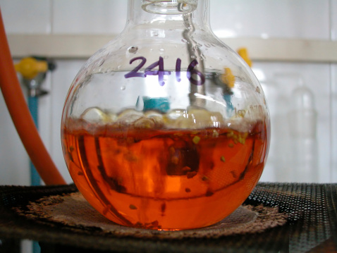 Red boiling solution in lab