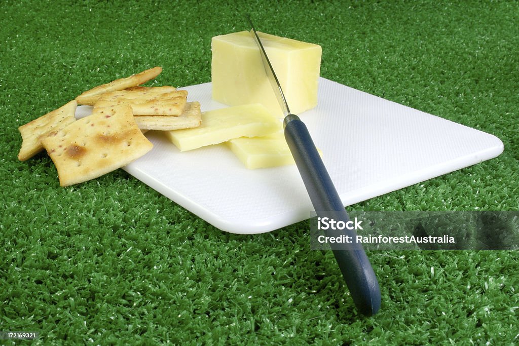 cheese, crackers and cutting board on grass Cheese with crackers on a cutting board. Cheese Stock Photo