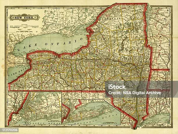 Ilustración de Antiguo Mapa Del Estado De Nueva York y más Vectores Libres de Derechos de Mapa - Mapa, Estado de Nueva York, Ciudad de Nueva York