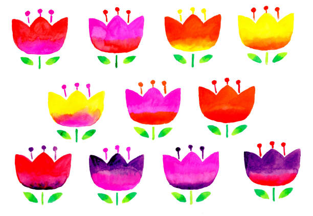 ilustraciones, imágenes clip art, dibujos animados e iconos de stock de juego de 11 tulipanes en varias gradaciones de acuarela - childrens literature