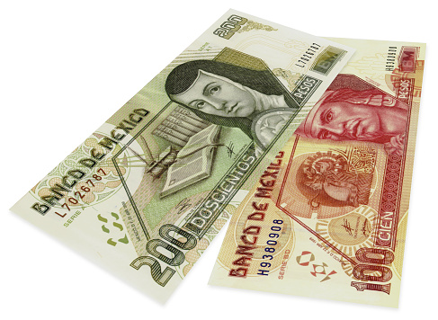 two bills of mexican pesos $100 and $200.