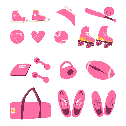 sports set for fitness and athletics in pink. Vector illustration isolated. Sports equipment dumbbells kettlebell, sneakers, roller skates, rugby ball.
