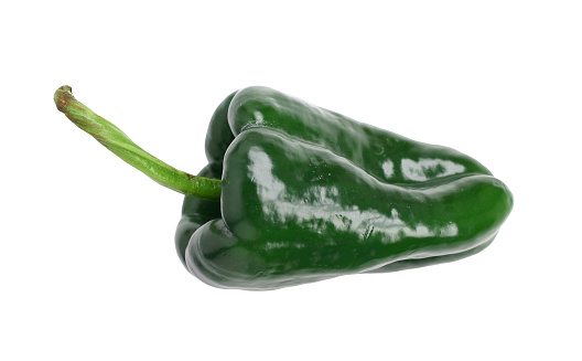 A fresh poblano chile pepper, isolated on white. Poblano peppers are large and not very hot (relatively speaking) and have thick walls which makes them great for stuffing.