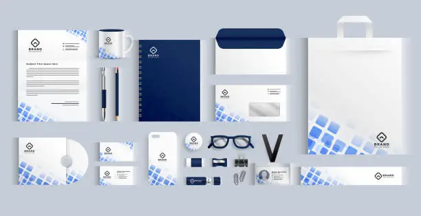 Vector illustration of set of white and blue corporate stationery banner for branding