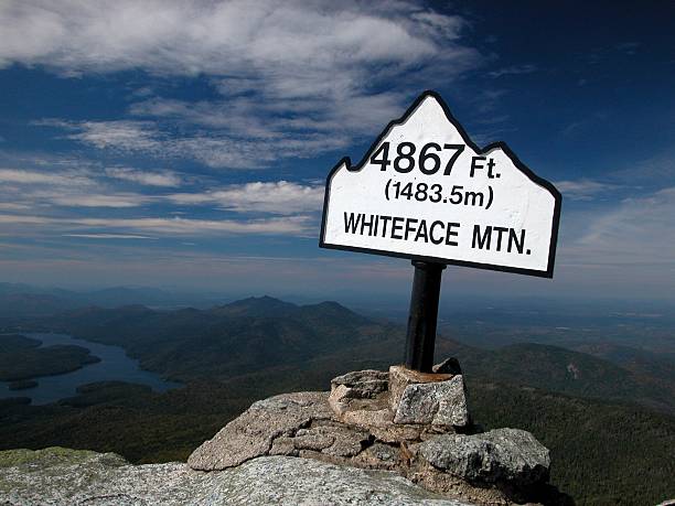 Whiteface Mountain Summit Altitude Sign, Adirondacks, New York State Whiteface mountain summit sign showing altitude in Adirondack State Park, New York state, USA. whiteface mountain stock pictures, royalty-free photos & images