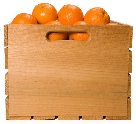 Wood Fruit Crate with Oranges on white background