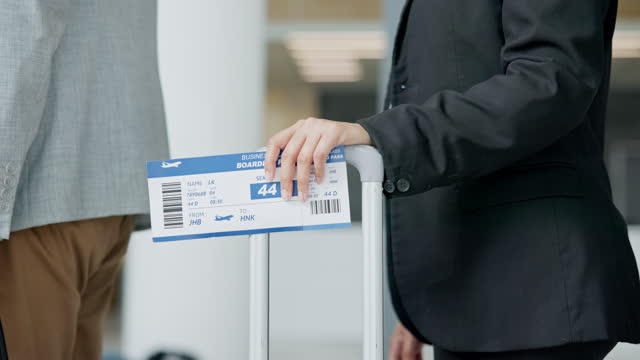 Ticket, queue and people at an airport for travel, holiday or vacation while waiting in line. Closeup of passenger group with luggage, suitcase or baggage for a flight or accommodation at a hotel
