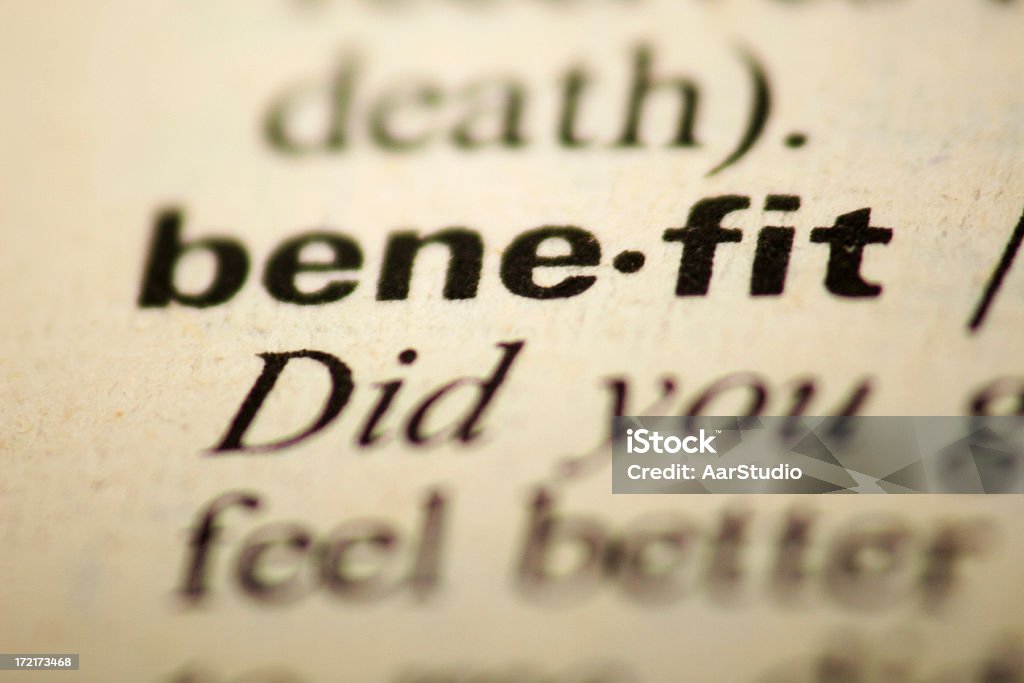 Benefit Word benefit in a dictionary (very shallow DOF) Aspirations Stock Photo