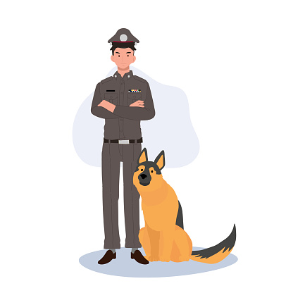 Thai Police Officer and Canine Companion. Thai Police Officer and German Shepherd Police Dog