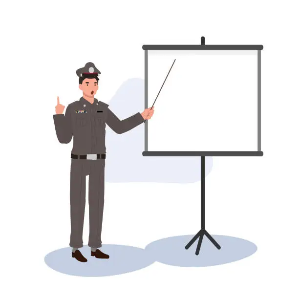 Vector illustration of Law Enforcement Training with Thai Police Officer. Thai Police Officer Explaining on Whiteboard