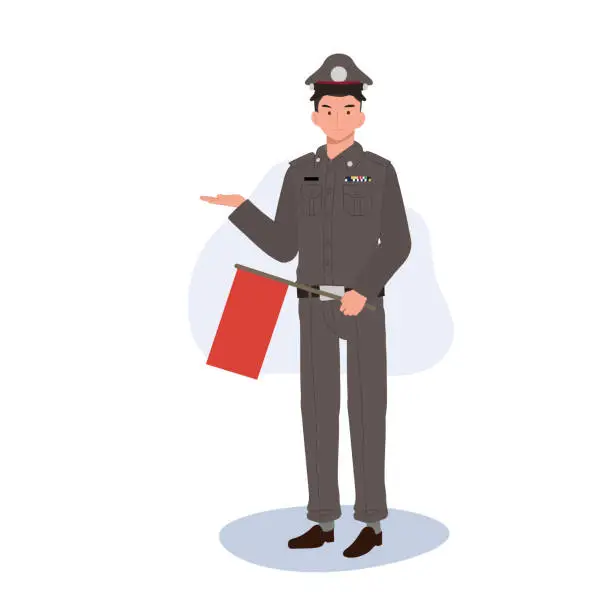 Vector illustration of Thai Police Officer Welcoming with Red Flag.