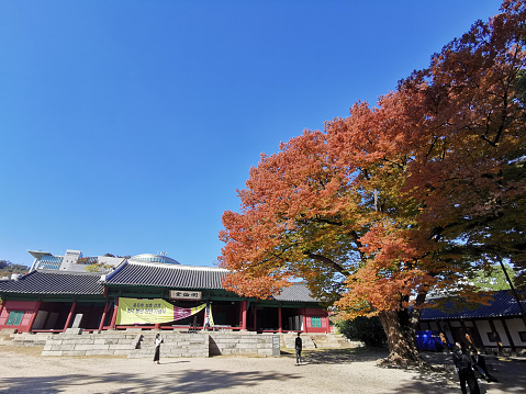 Seoul, South Korea - October 24, 2022: Poster of Confucius festival at Myeongryundang lecture hall of Sungkyunkwan University in Autumn. There are many students on the front ground.