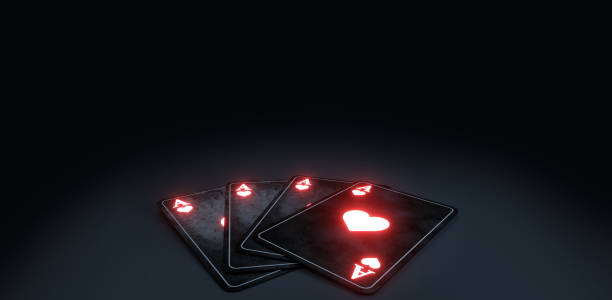 Casino Gambling Poker Cards Concept With Neon Red Glowing Lights. Isolated On The Black Background Casino Gambling Poker Cards Concept With Neon Red Glowing Lights. Isolated On The Black Background - 3D Illustration, 3D Realistic Render hand of cards stock pictures, royalty-free photos & images